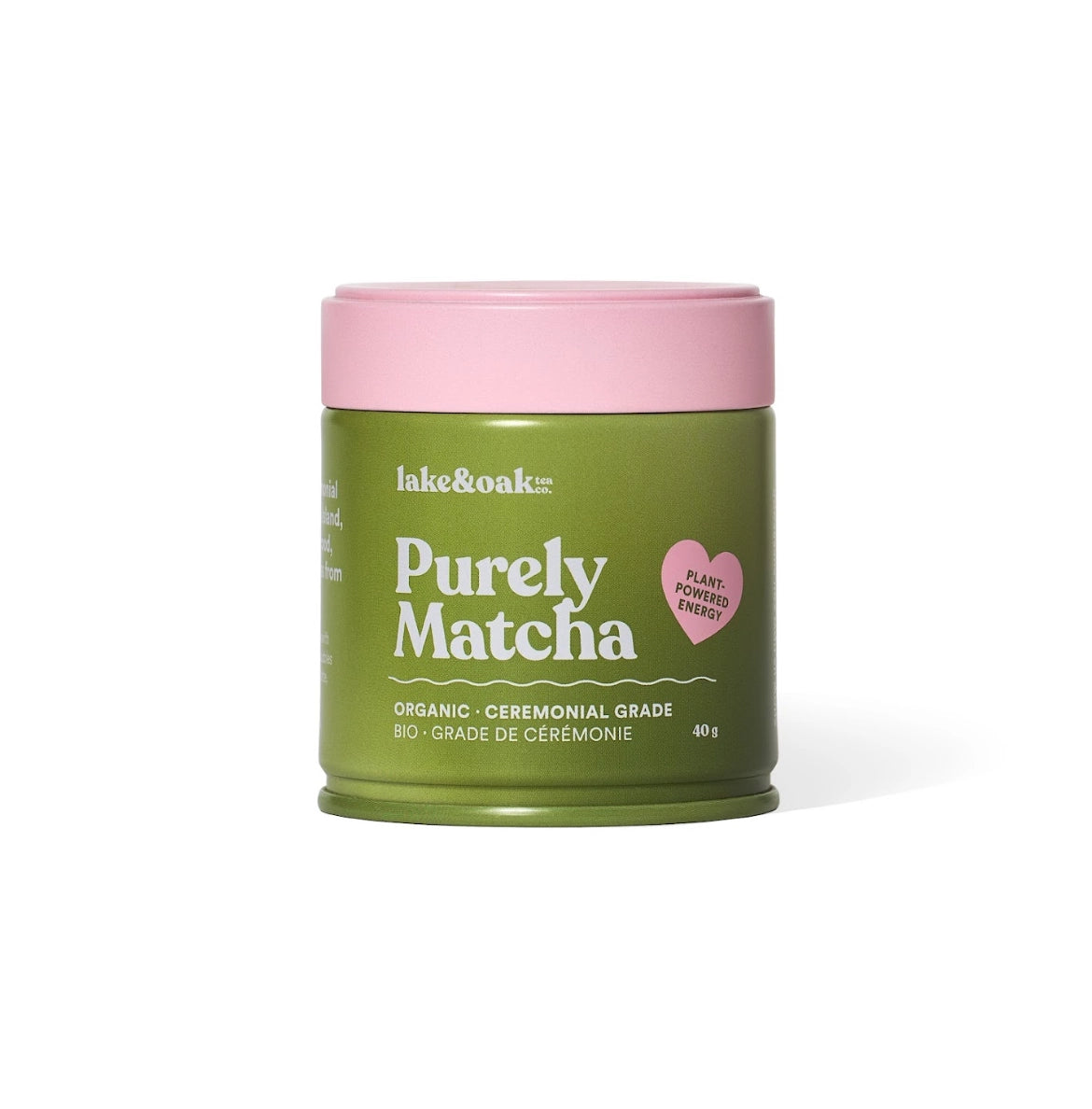 Green container of 'Purely Matcha' with pink lid on a white background