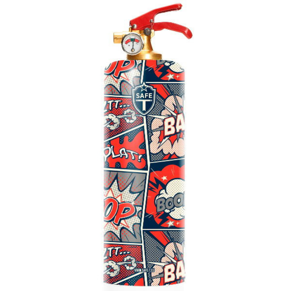 Decorative fire extinguisher with comic book-style design on a white background