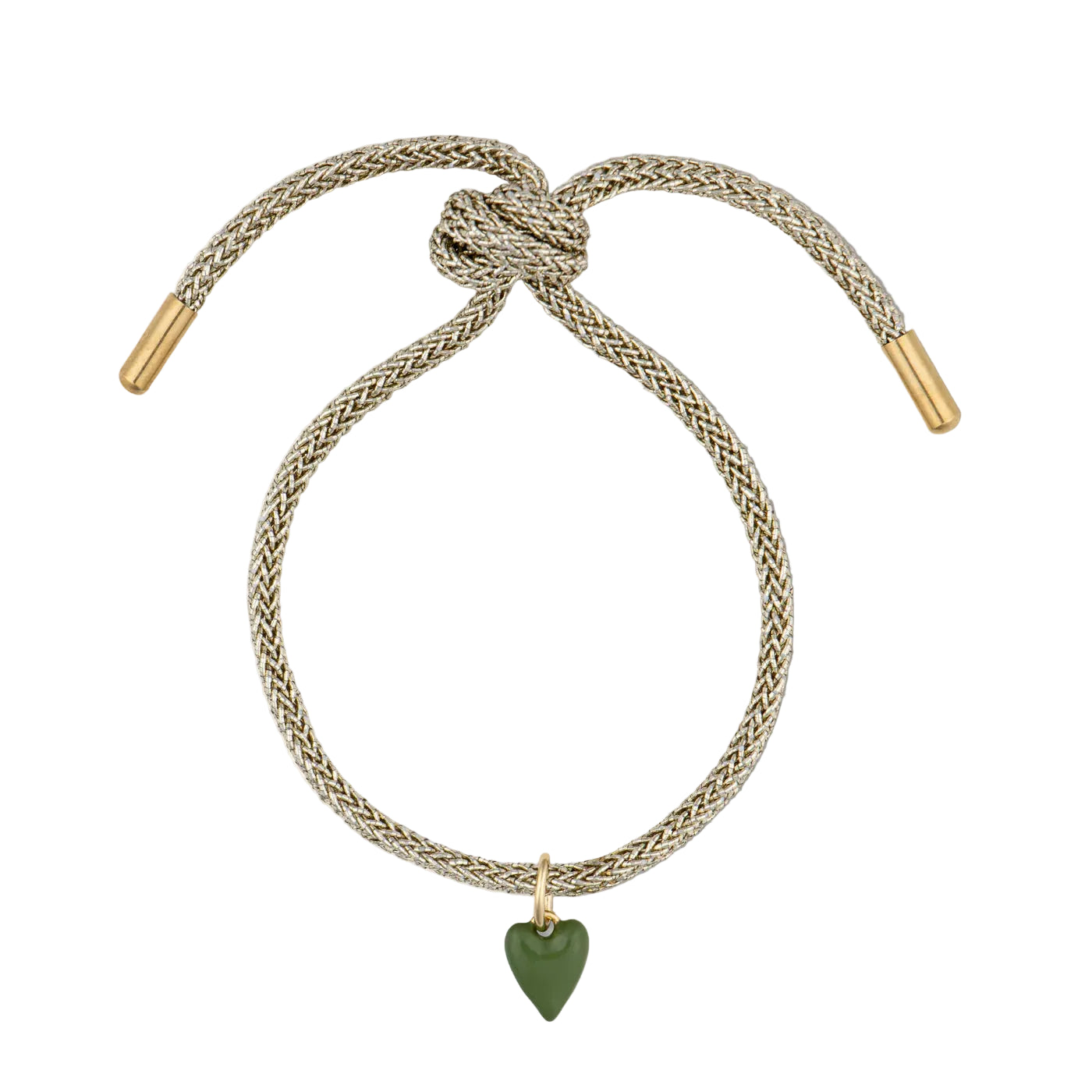 Bracelet with braided design and green heart charm on a white background