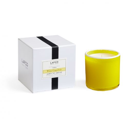 LAFCO White Grapefruit Cabana Candle in a vibrant yellow glass vessel with stylish packaging.