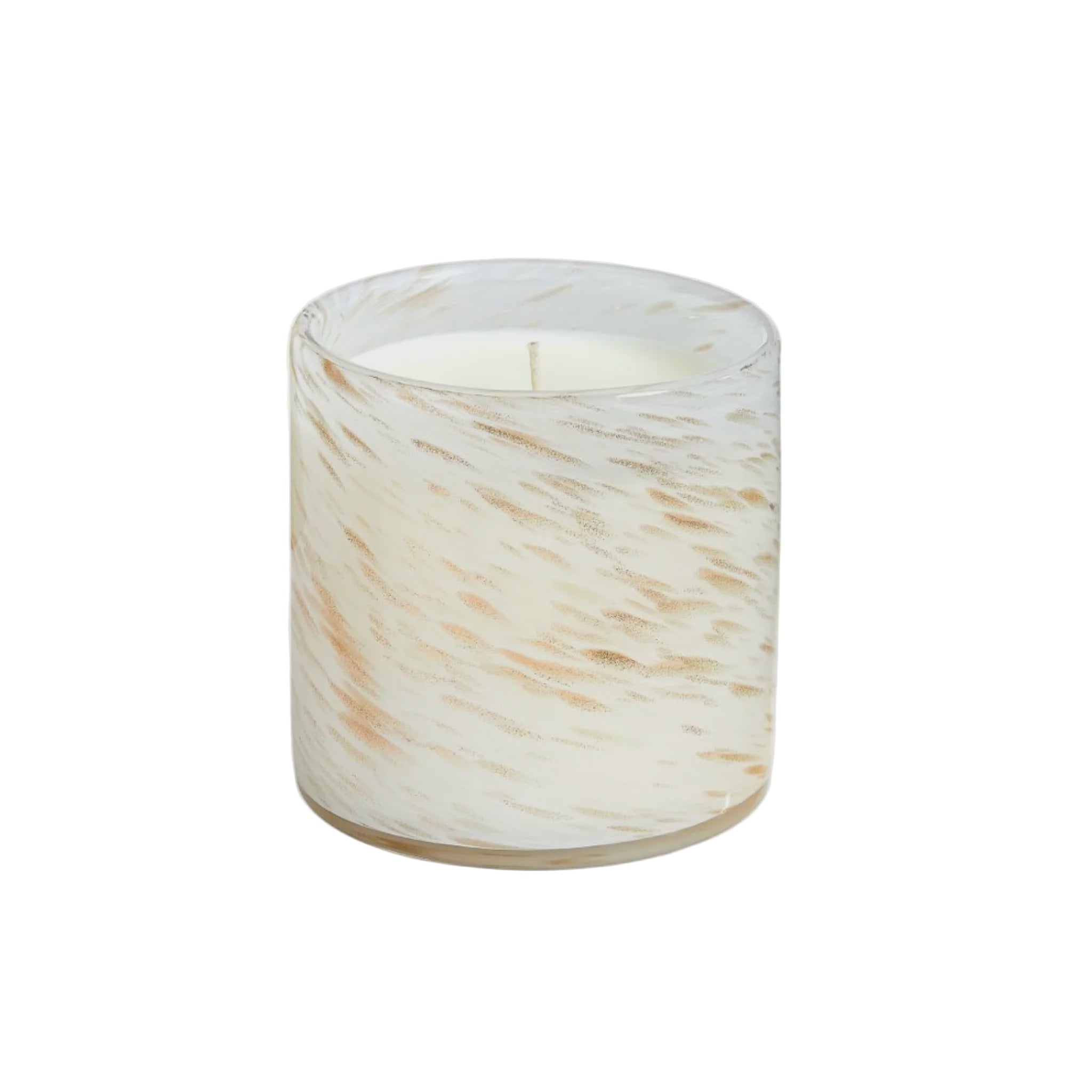 Candle in a glass container with marble-like pattern on a white background