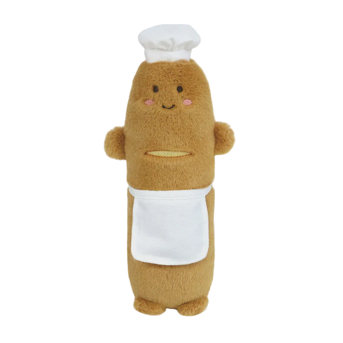 Plush toy resembling a chef with a white hat and apron on a light gray background