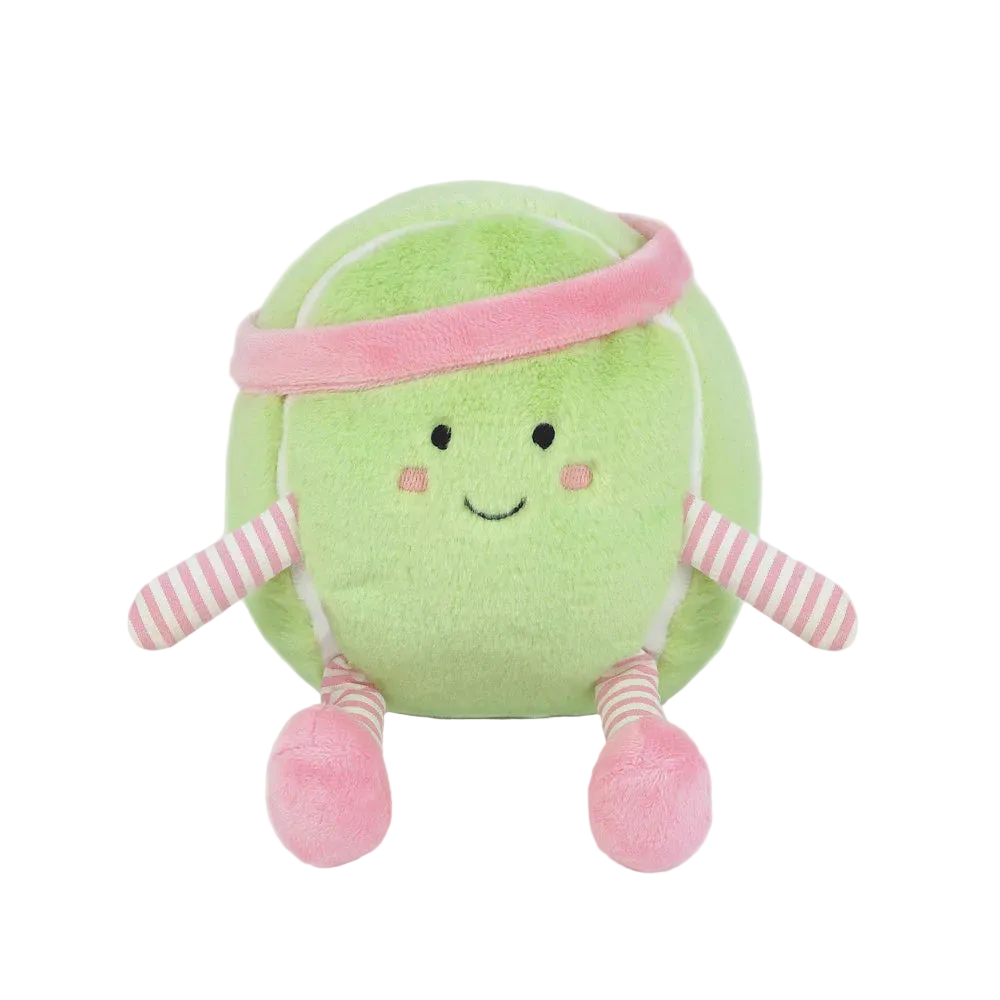 Plush toy resembling a tennis ball with a face, pink headband, and striped socks on a white background