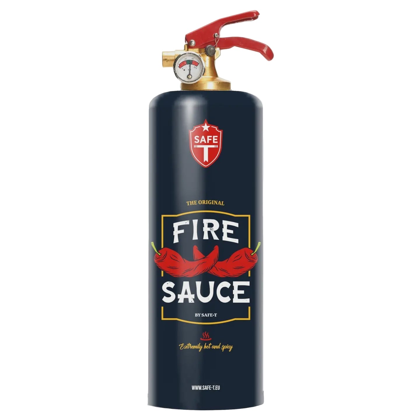 Fire extinguisher repurposed as a fire sauce bottle with a red label and pepper graphics.