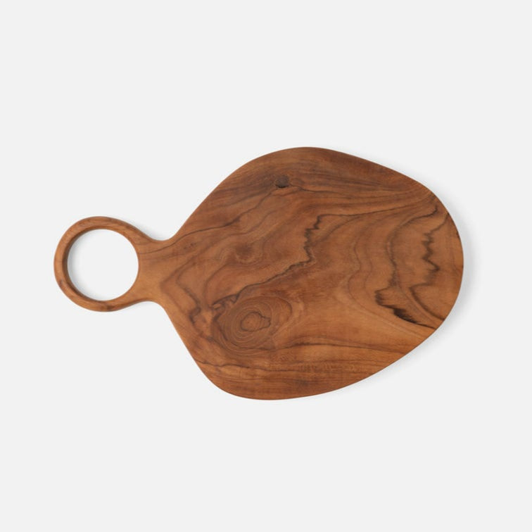 Wooden cutting board with a handle on a white background