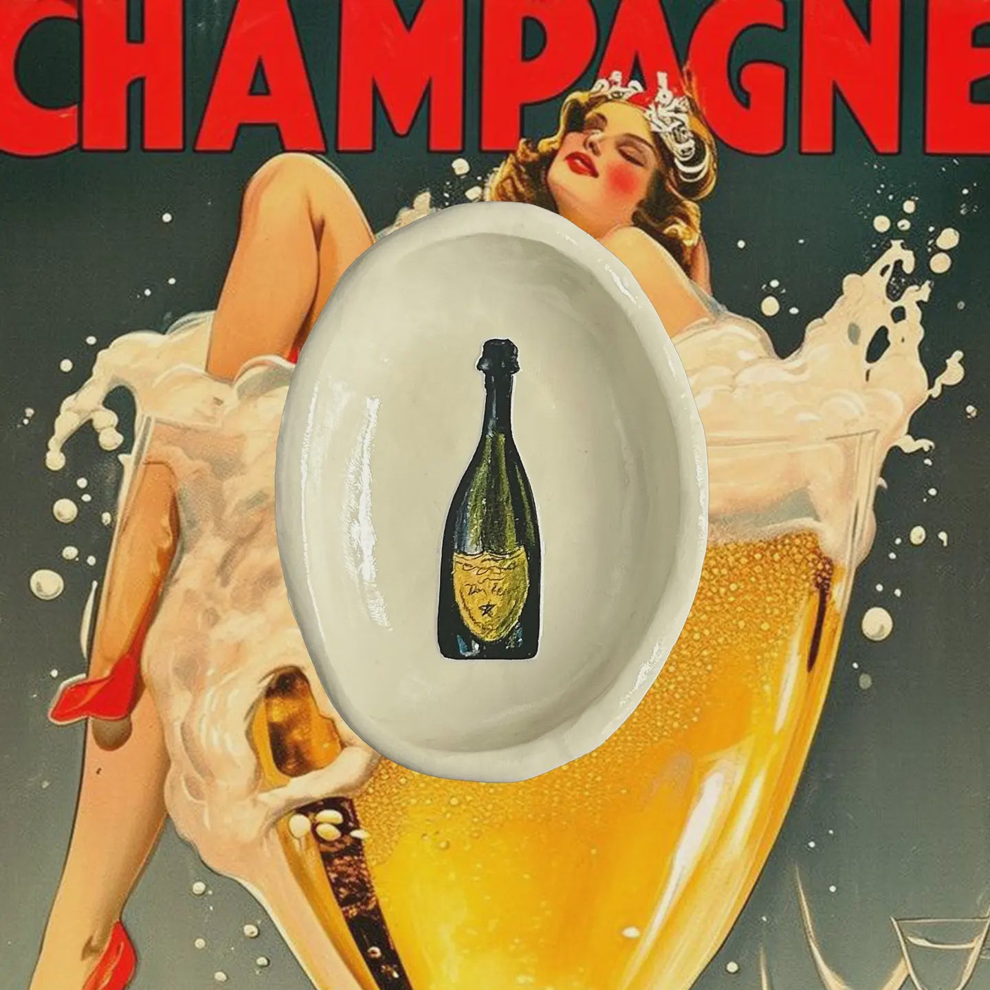 Vintage-style advertisement with a woman in a bathtub and champagne bottle, featuring a white oval dish with a champagne bottle illustration.