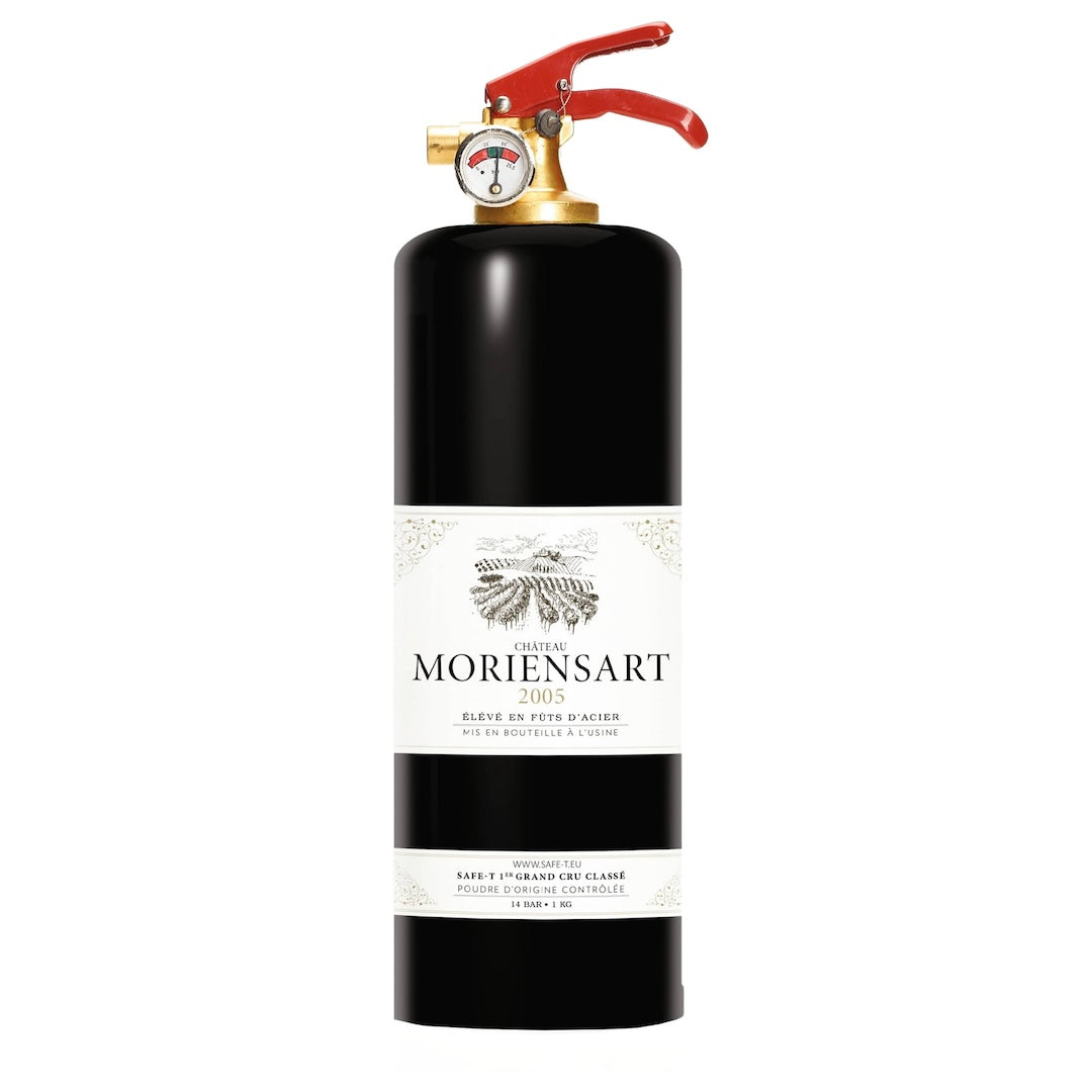A fire extinguisher designed to resemble a wine bottle, with a black body, a red valve, and labeled 'MORIENSART'.