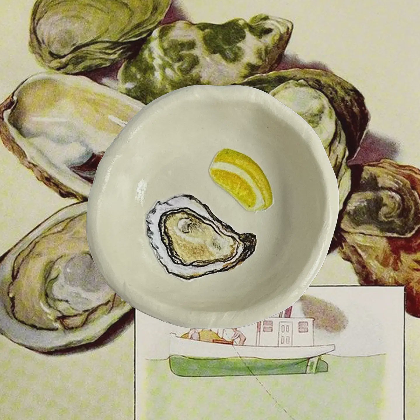 White ceramic bowl with oyster design on a background of open oysters