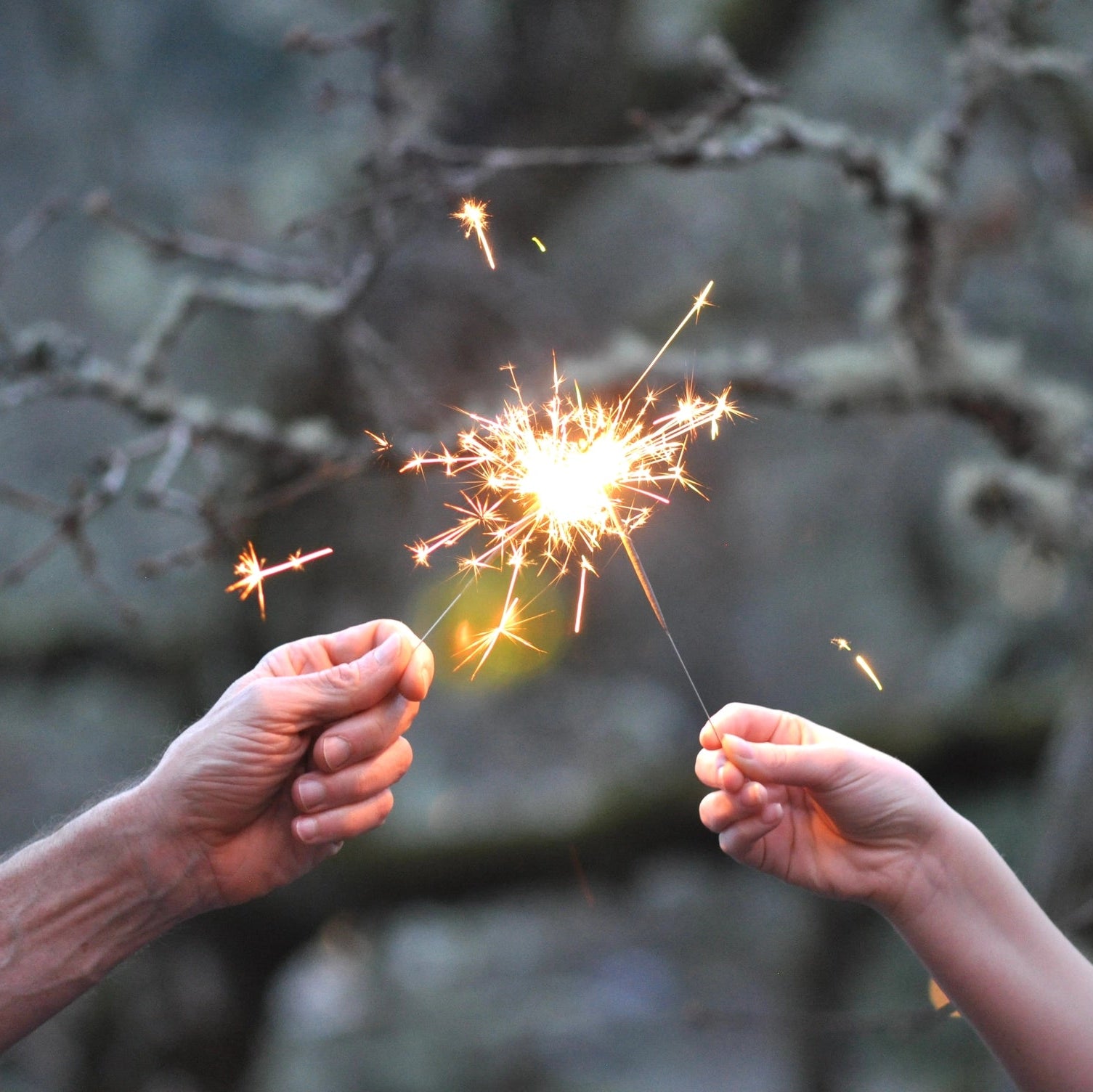 Two hands holding sparklers against a natural background