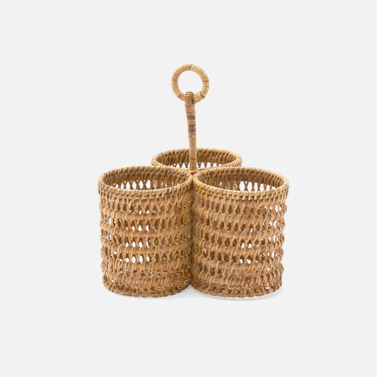 Woven wine basket with a handle on a  background