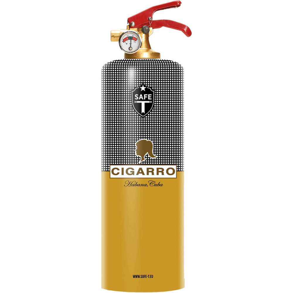 Cigarro fire extinguisher with checkered pattern and red nozzle on a white background