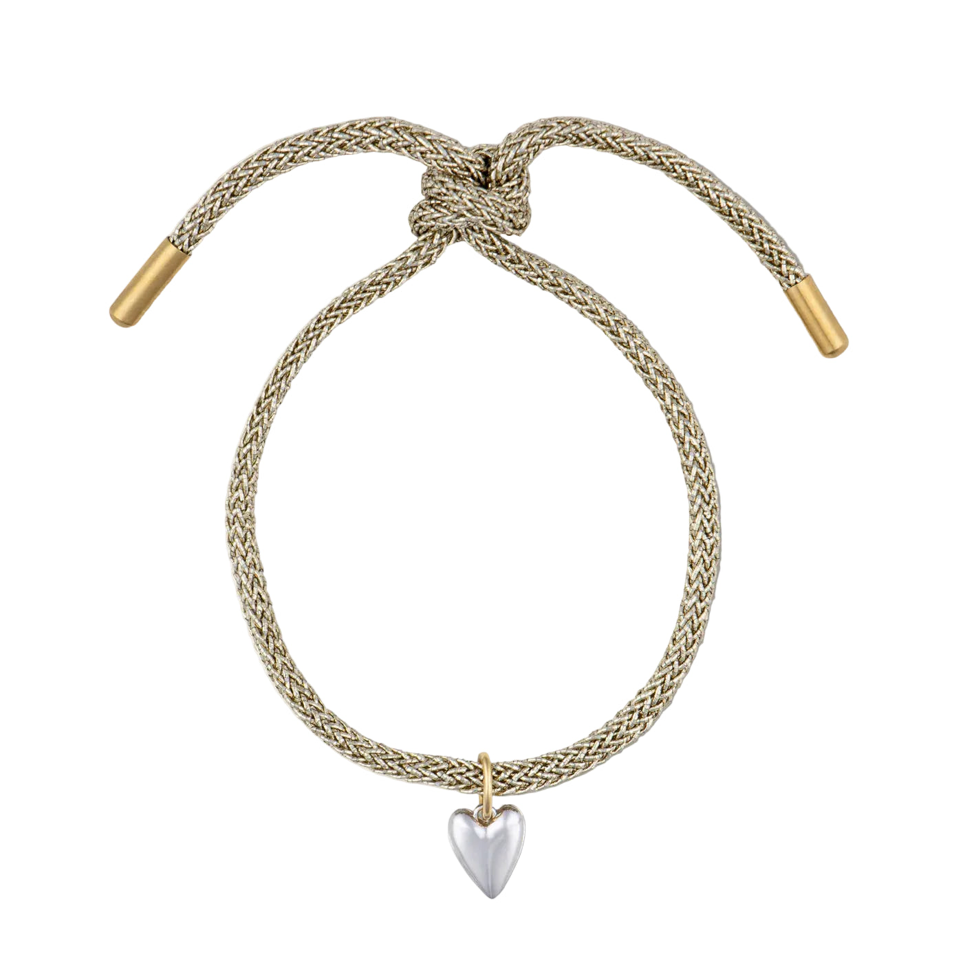 Gold braided bracelet with a heart charm on a white background