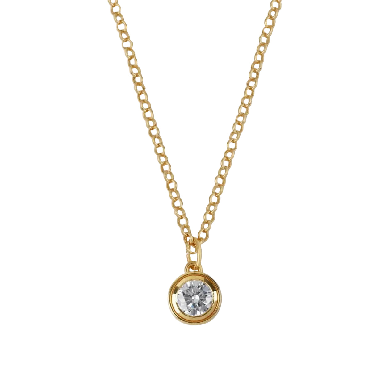 Gold necklace with a diamond pendant on a light gray background