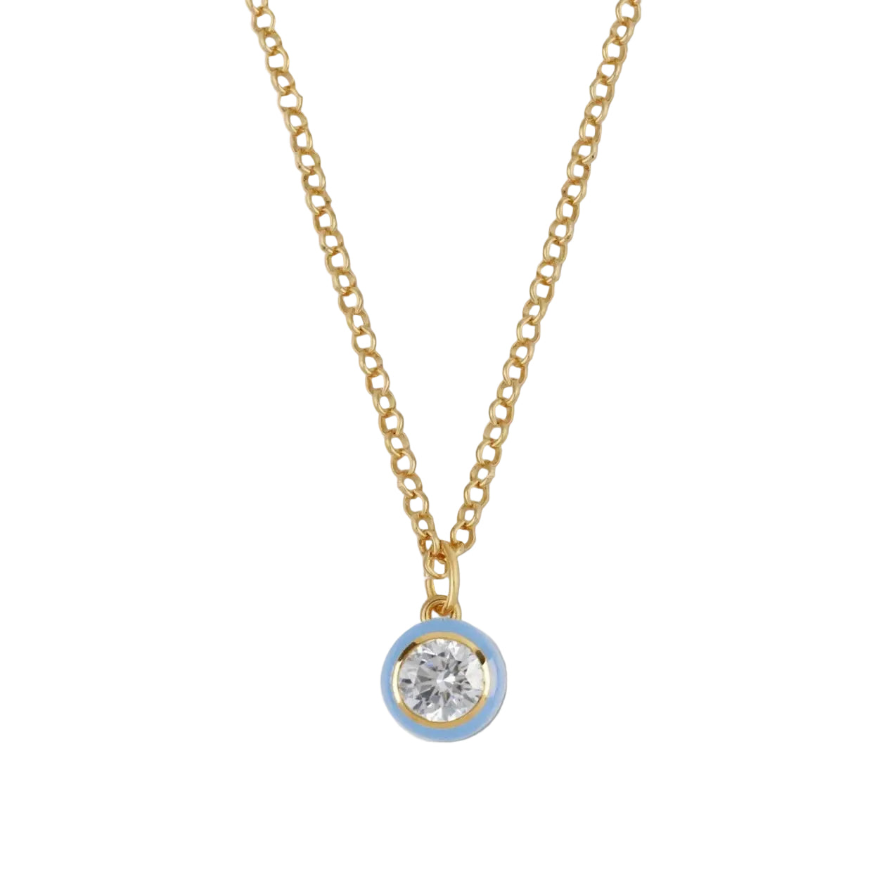 Gold necklace with a round pendant on a light gray background