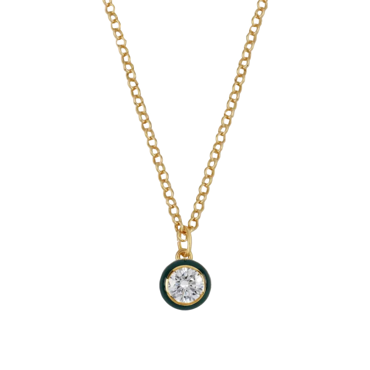 Gold necklace with a round diamond pendant on a light gray background