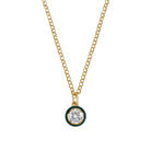 Gold necklace with a round diamond pendant on a light gray background